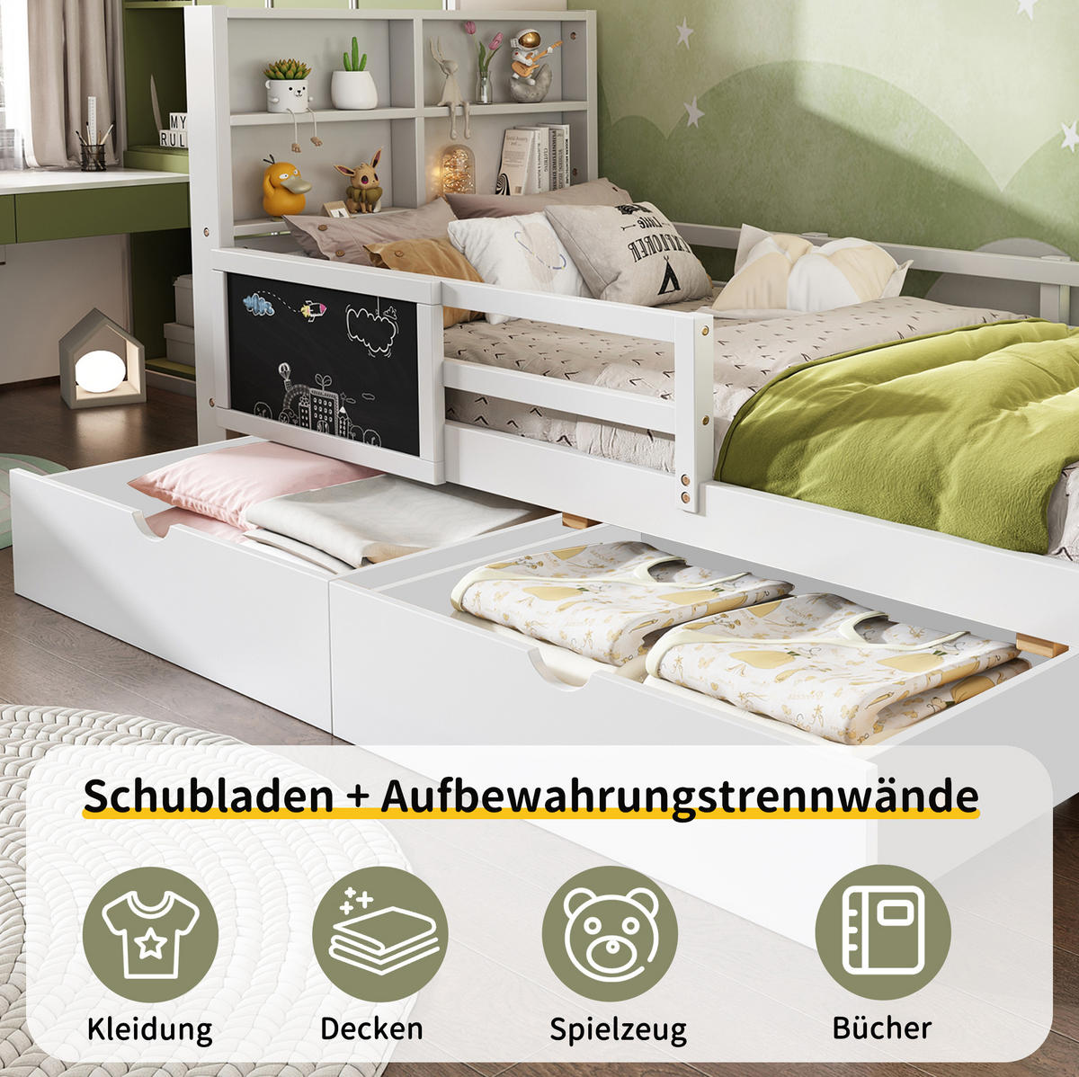 KINDERBETT 90/200 cm aus Massivholz und MDF mit Schubladen, Tafel und Sicherheitsleiste Weiß - Weiß, Holz (90/200cm) - Modenvie