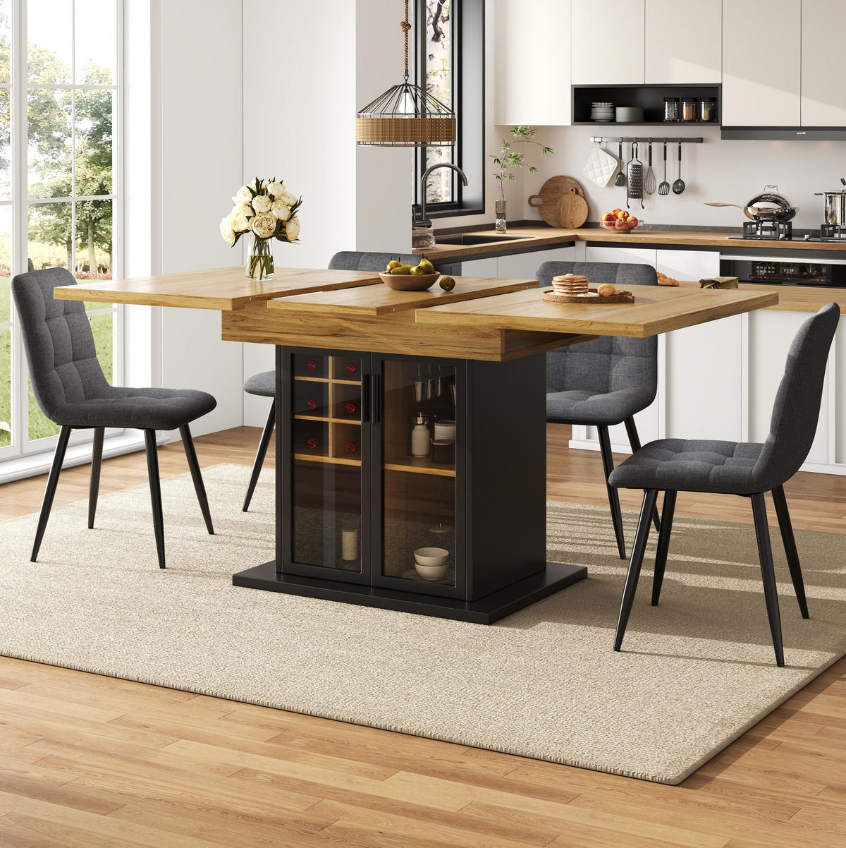 ESSTISCH 110-140/80/76 cm aus MDF, ausziehbar mit Weinregal und Glastür, Schwarz - Schwarz, Holzwerkstoff (110/80/76cm) - Redom