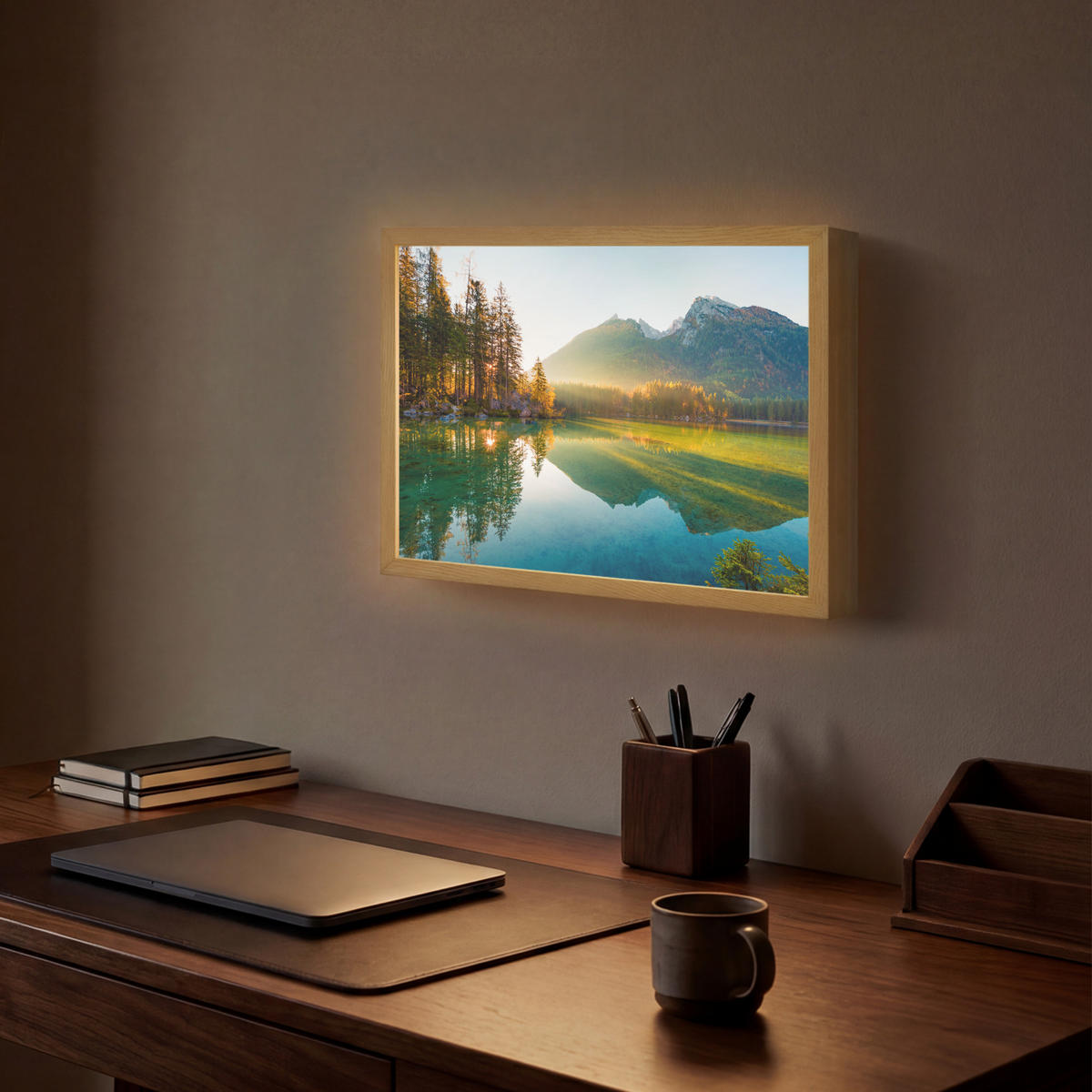 WANDLEUCHTE MIT AKKU See - Wald - Berge - Natur - Sonne - Landschaft 40x30 cm - Grün, Holzwerkstoff (40/30/8cm) - OnlyWow