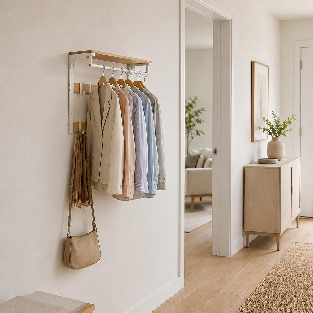 WANDGARDEROBE Eiche Weiß 3-in-1 10 Haken 65 cm - Multicolor, Holzwerkstoff/Metall (65/42/30cm) - Relaxdays