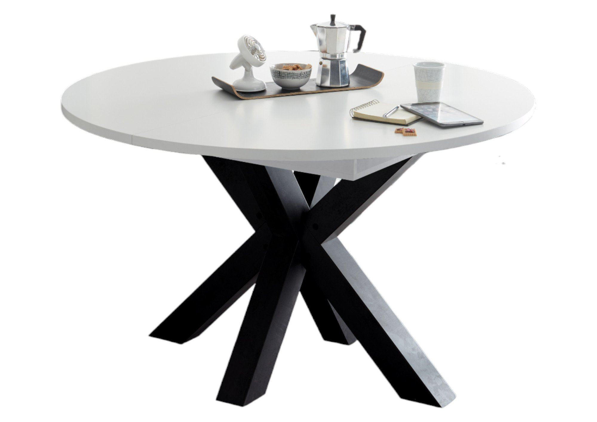 ESSTISCH Rund ausziehbar Edda 9 110 x 110 x 78 Küchentisch Schwarzstahl/Weiß Matt Lack - Weiß, Holz (110/110/78cm) - 58aufmkessel