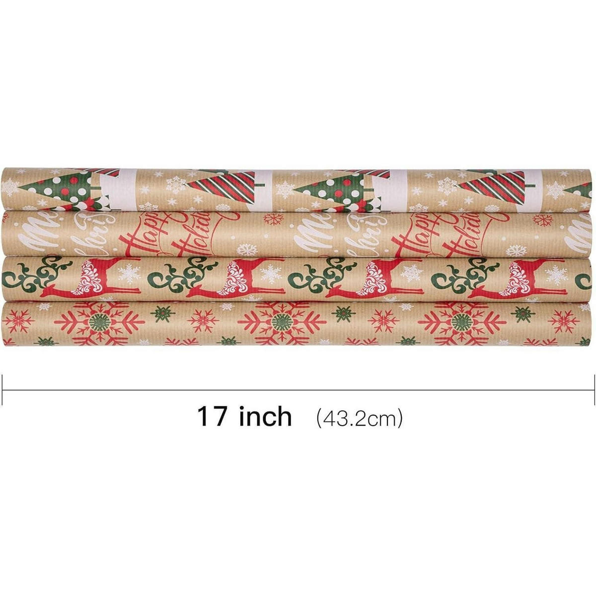 GESCHENKPAPIER 4 Rollen Kraftpapier Weihnachten 43,2 cm x 3 m - Multicolor, Papier (4/44/15cm)