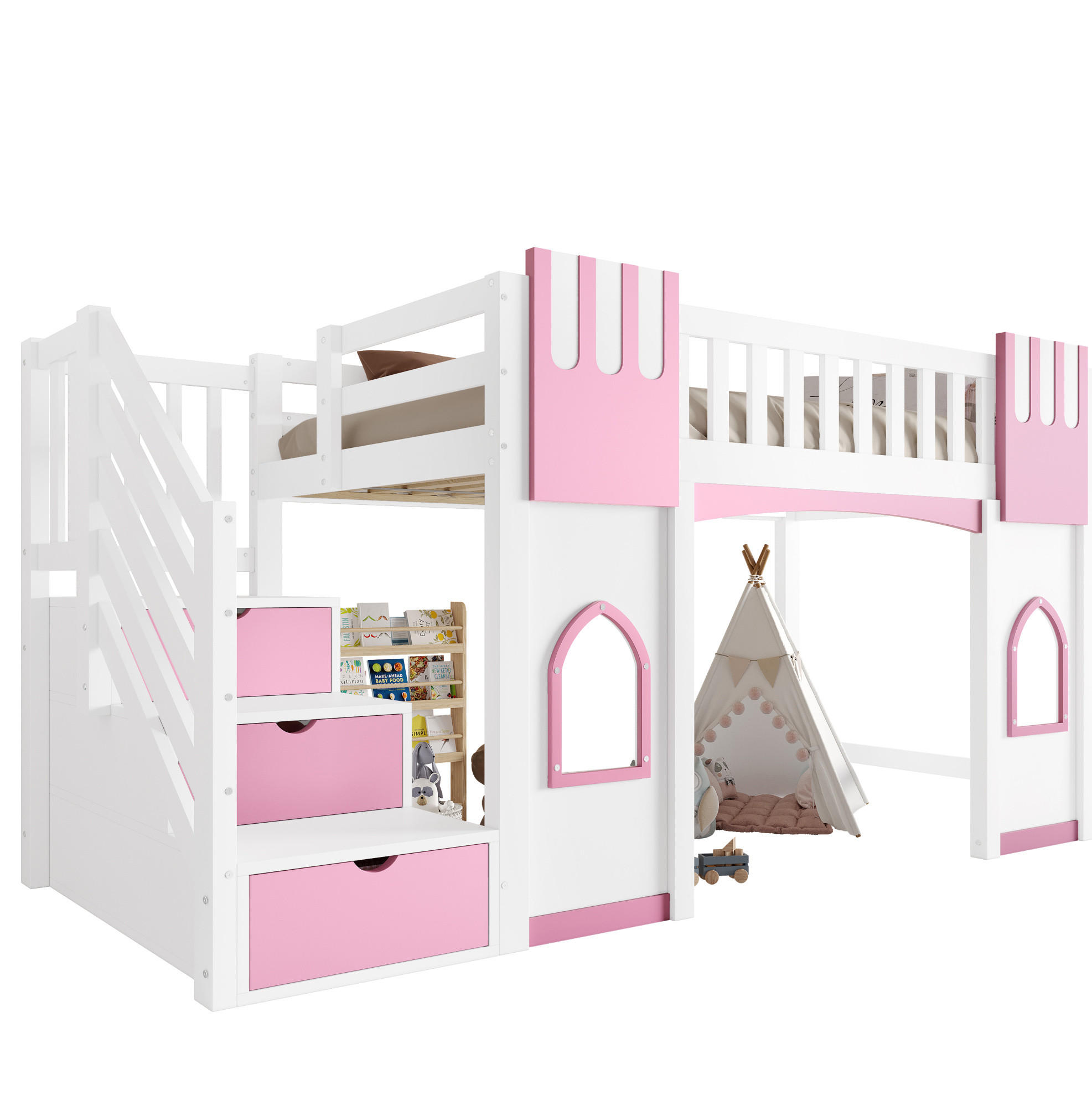 PATROVÁ postel 90/200 cm bílá/růžová z MDF a borovice se schody - bílá, kompozitní dřevo (90/200cm) - OKWISH