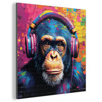 KOVOVÝ OBRAZ Graffiti - Šimpanz - Street art - Slúchadlá - Opica 50x50 cm - modrá, kov (50/50cm) - MuchoWow