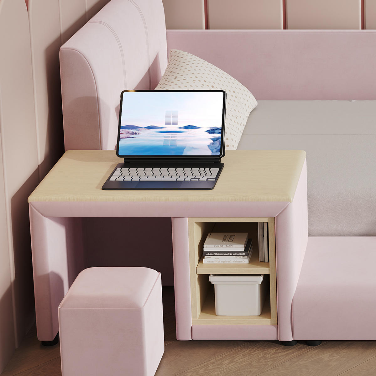 POLSTERBETT 90/200 cm in Pink mit Schreibtisch, Hocker und Ablageboden aus Samt - Rosa, Holzwerkstoff/Textil (90/200cm) - STILVORA