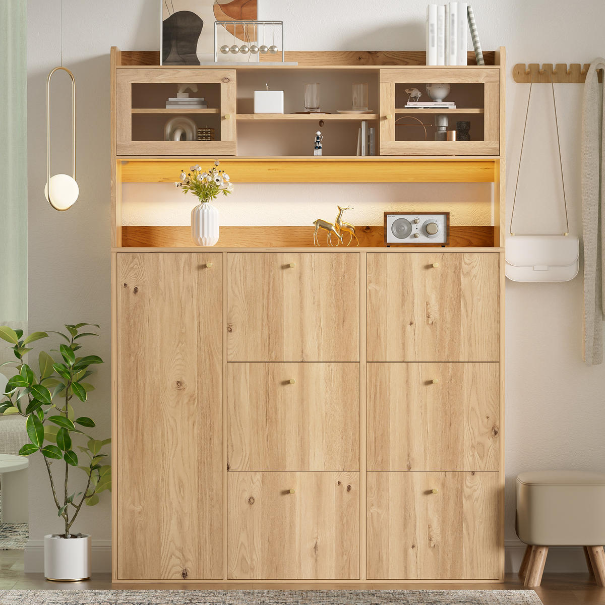 SCHUHSCHRANK 130x25x180cm mit Glas, LED und 6 Klappen - Naturfarben, Holzwerkstoff (130/180/25cm) - FLIEKS