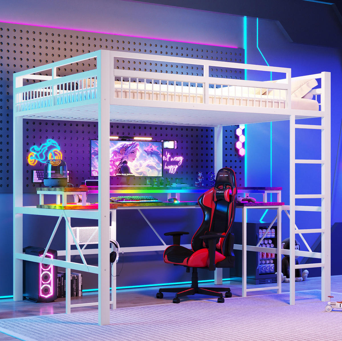 HOCHBETT mit Schreibtisch 140/200 cm in Weiß – mit LED, Leiter und Steckdosen - Weiß, Metall (140/200cm) - BEAOK