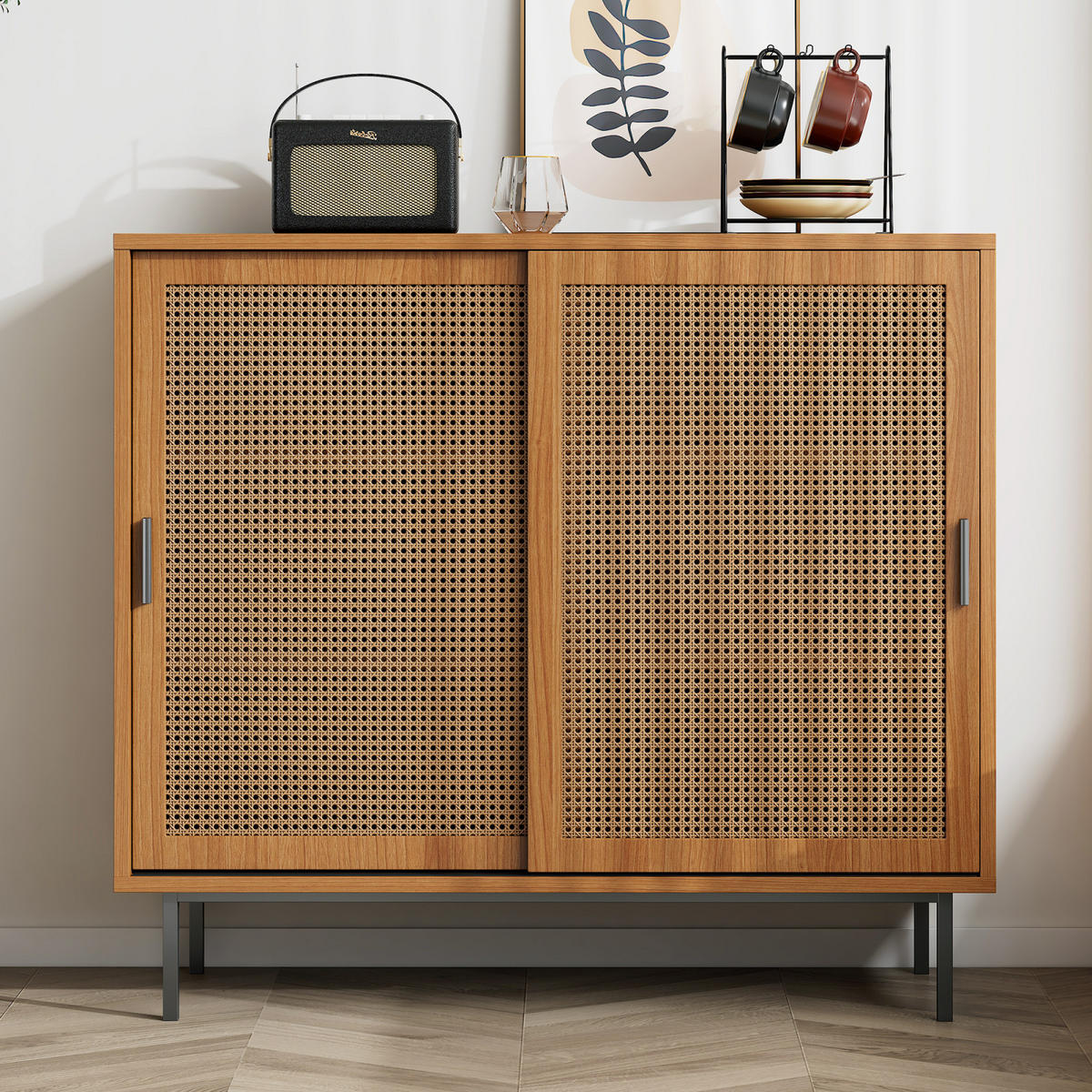 SIDEBOARD 100x37x90 cm, 2 Rattan-Schiebetüren, Nussbaum - Kastanienfarben, Holz (100/90/37cm)