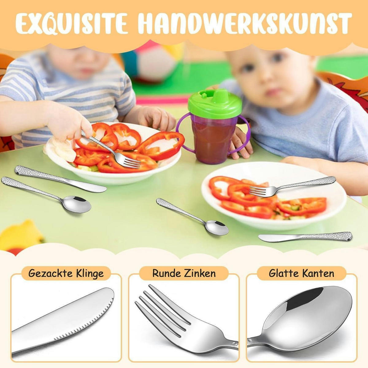 KINDERBESTECK Set 16-teilig Edelstahl Hammergriff ab 3 Jahre - Silberfarben, Metall