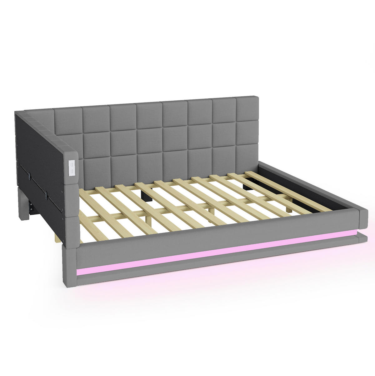 POLSTERBETT 140/200 cm mit LED-Lichtleiste, USB-Anschluss und Lattenrost, Leinen, Grau - Grau, Textil (140/200cm) - Redom