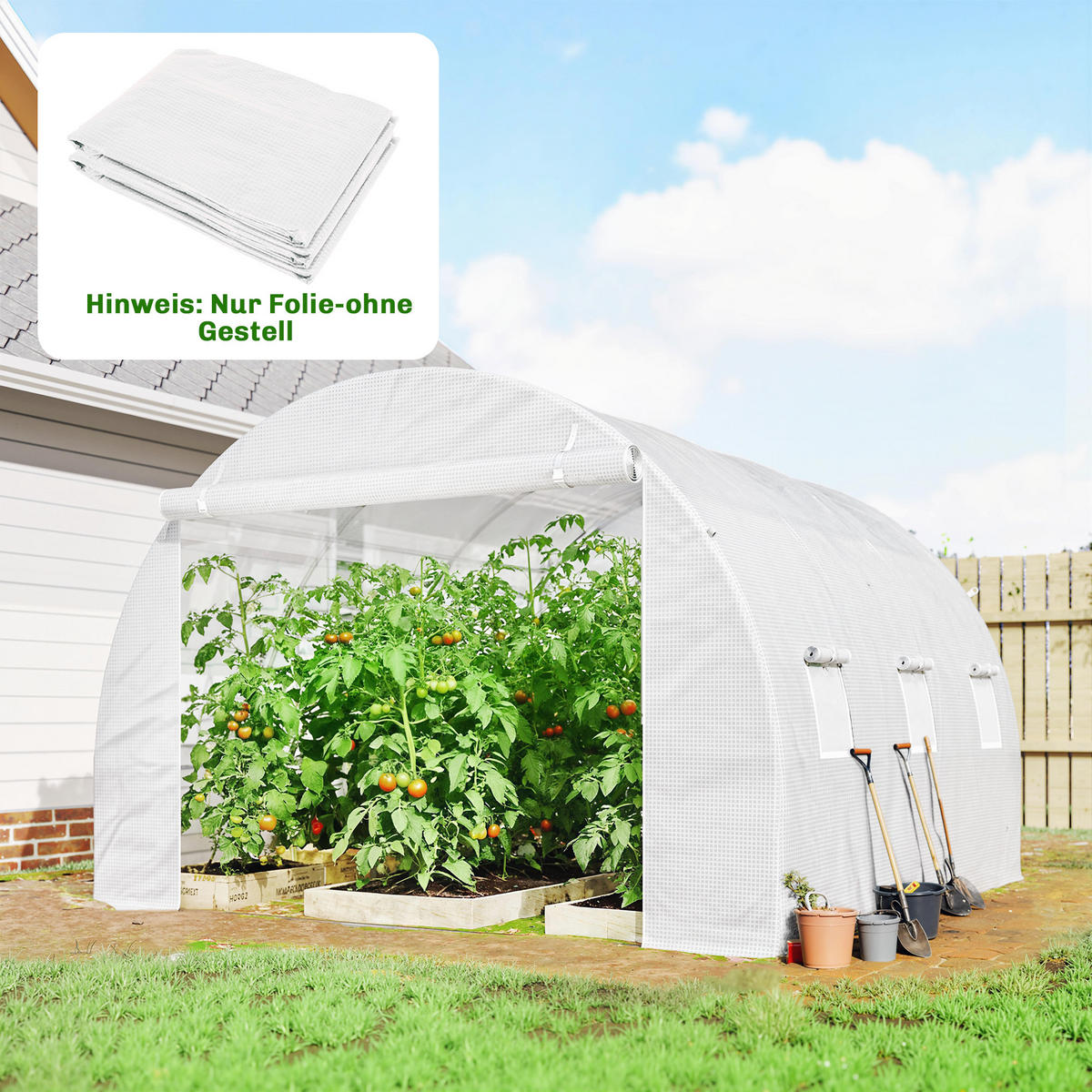 GEWÄCHSHAUSFOLIE DE-05797 mit Rolltür und 6 Fenstern 3 × 3 × 2 m Weiß - Weiß, Kunststoff (300/200/300cm) - ComfortXL