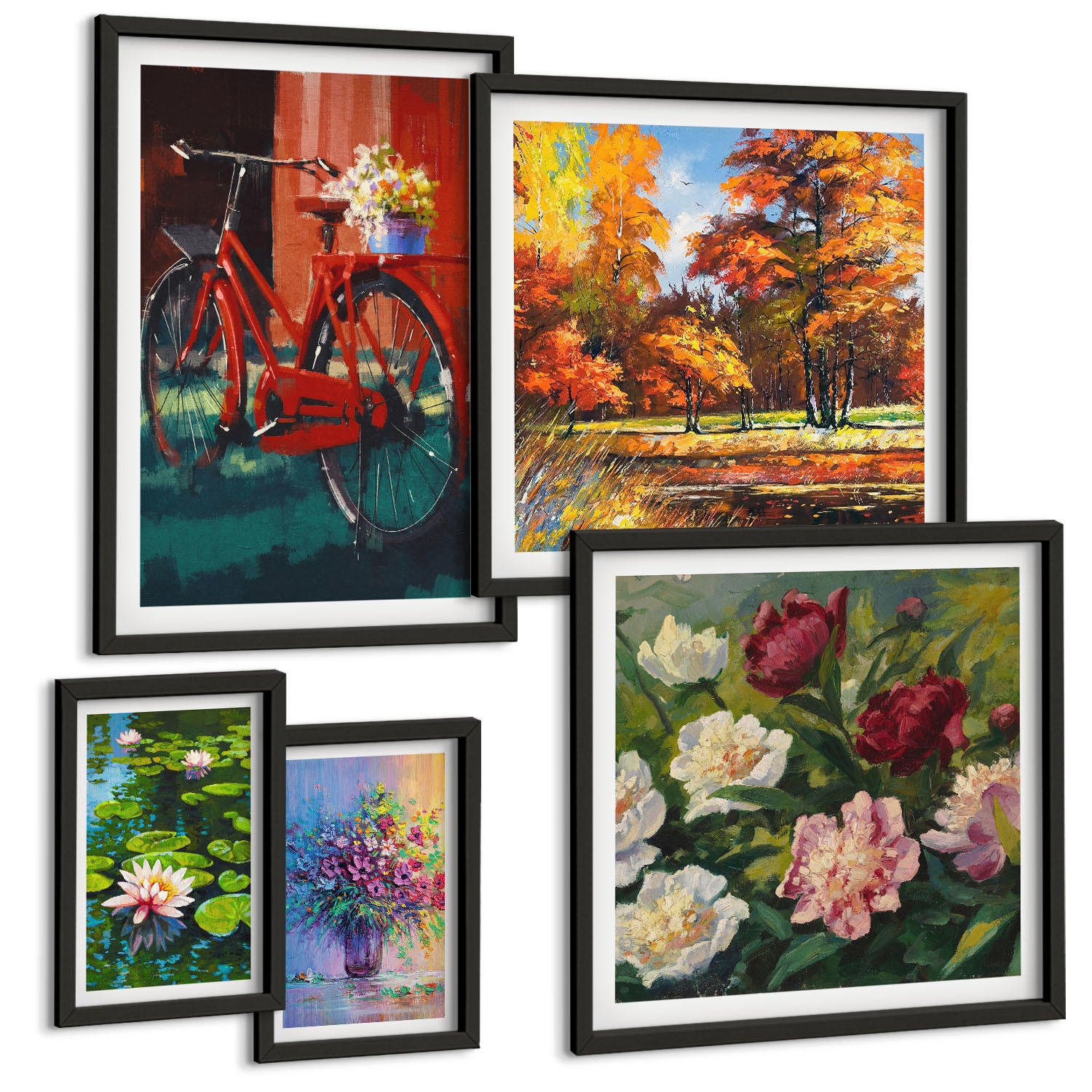 BILDER SET 5er Set - 50x50 cm & 20x30 cm & 40x60 cm Schwarzer Rahmen - Seerosen, Fahrradblumen - Schwarz, Kunststoff (40/60cm) - TULUP