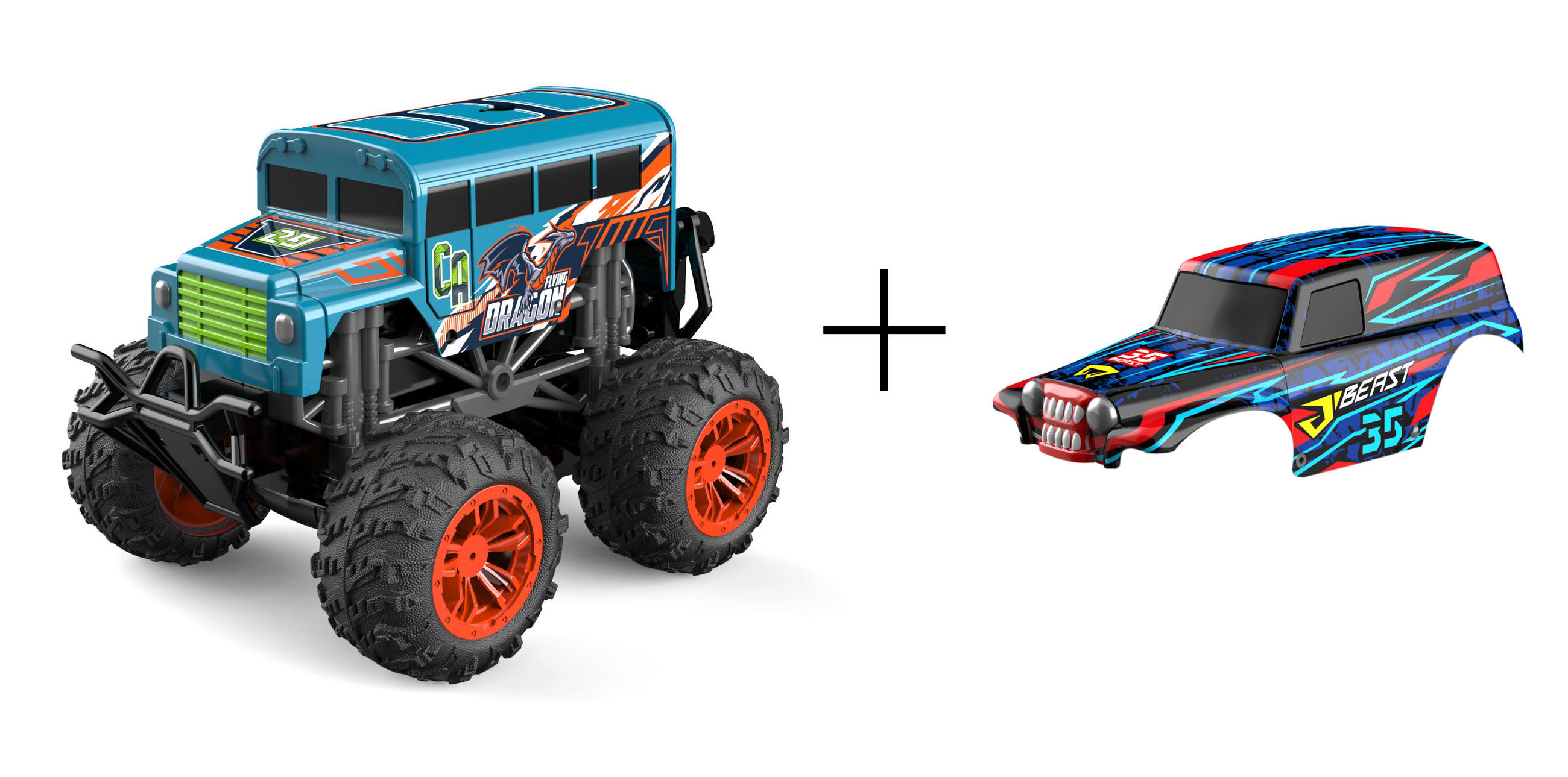 RC-MONSTERTRUCK Spielzeug LED Licht echter Rauch Fernbedienung aufladbarem Akku wechselbare Cover - Blau, Kunststoff (23/19/17cm) - Northpoint
