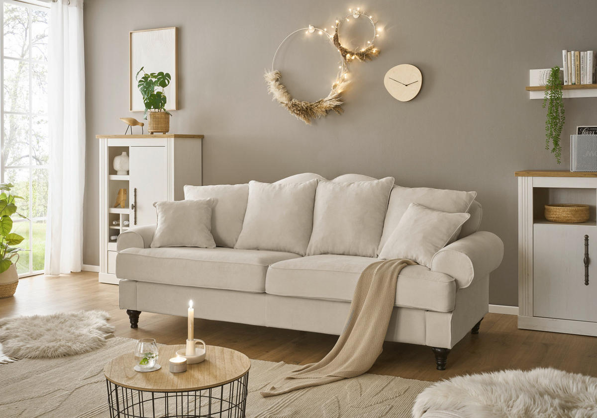 SOFA beige Landhaus, Couch 3,5-Sitzer 230 cm - Beige, Holz/Textil (230/95/100cm) - Furn.Design