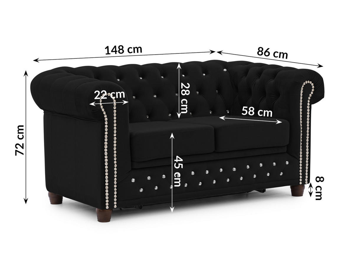 CHESTERFIELD-SOFA 2-Sitzer mit Schlaffunktion Cleo Blink Schwarz Samt mit Kristallsteppung und braunen Massivholzfüßen - Schwarz/Braun, Holz/Textil (148/72/86cm) - S-Style Möbel