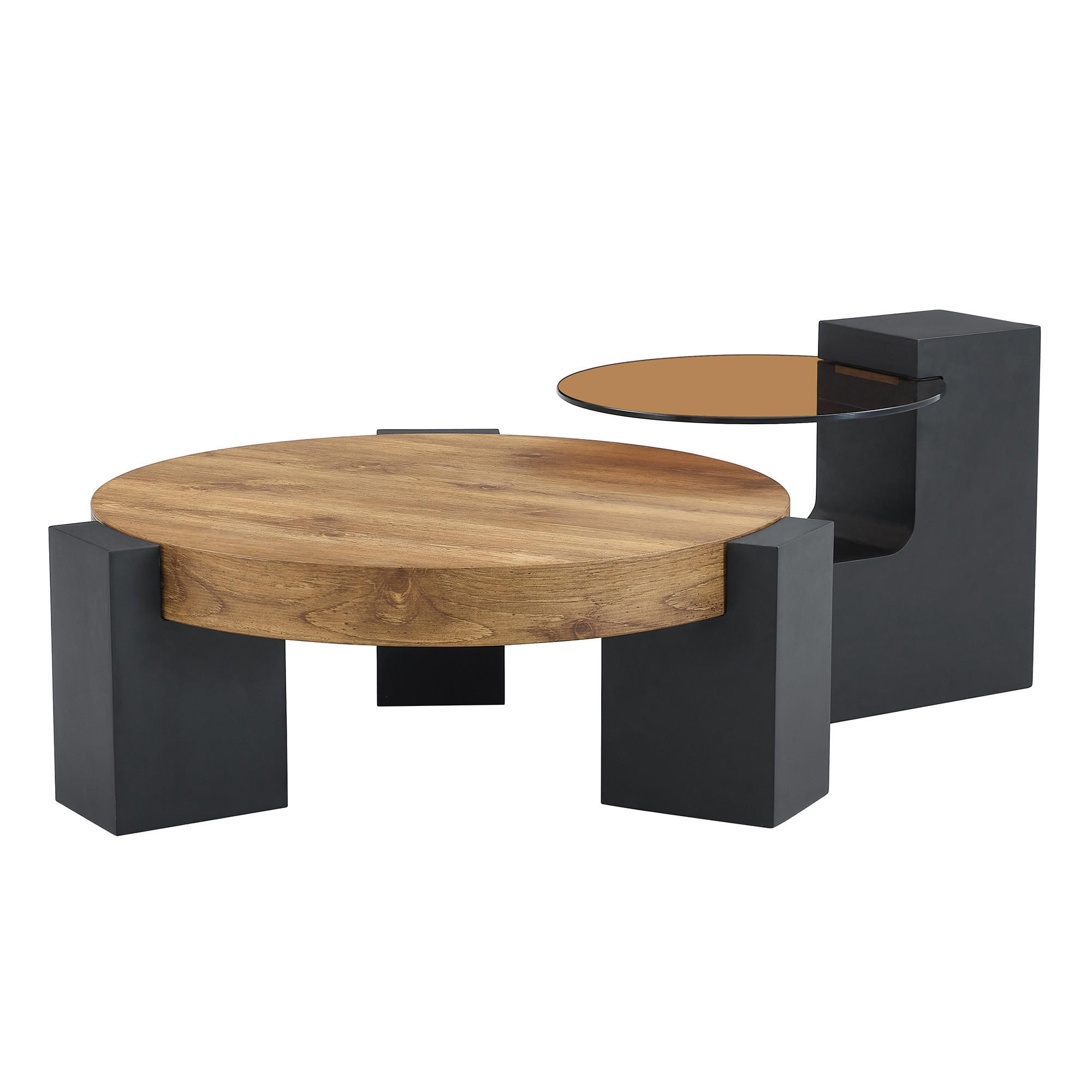 COUCHTISCH in Schwarz und Naturfarbe 2er-Set Couchtisch-Kombination für Wohnzimmer, B44/T62/H44 cm, Ø61/H30 cm - Schwarz/Naturfarben, Glas/Holzwerkstoff (61/61/30cm) - STILVORA