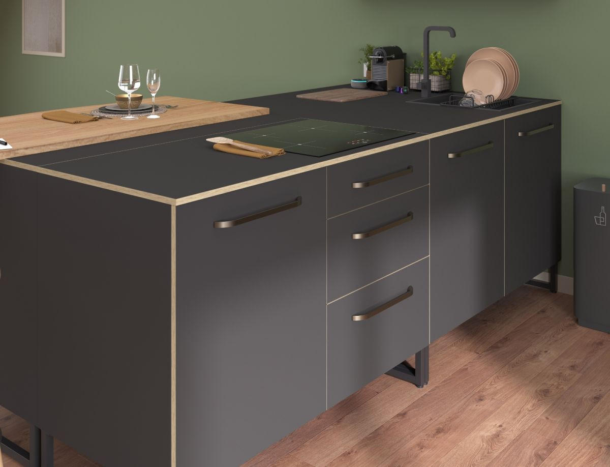 MINIKÜCHE grau, Eiche, Komplett-Set 3-teilig - Eichefarben/Grau, Holzwerkstoff (240/196/67cm) - Parisot Meuble