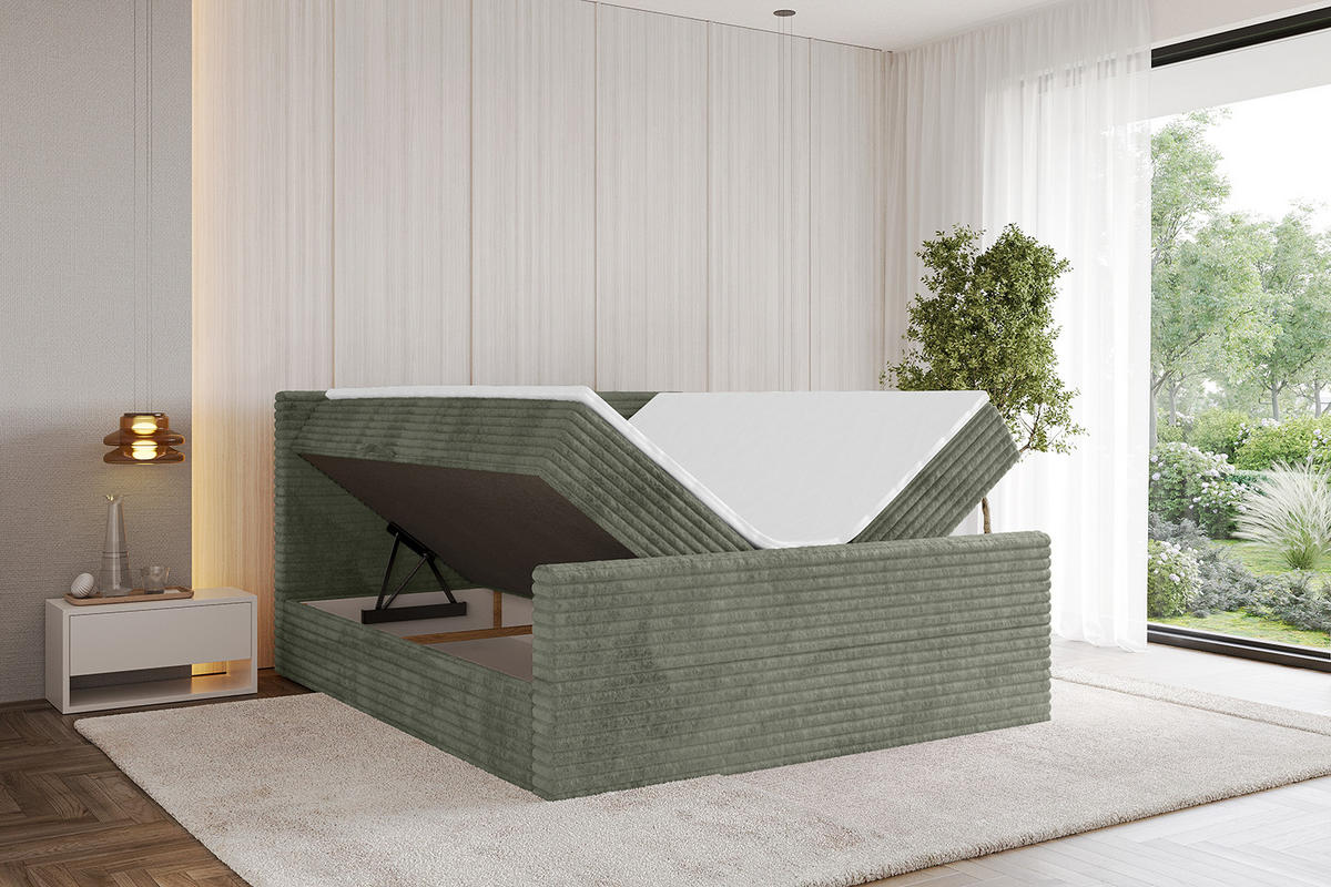 BOXBETT mit Matratze H4 und Lattenrost - TOLO-Z-v1 - 200x200 Cord - Olive - Olivgrün, Holzwerkstoff (200/200cm)