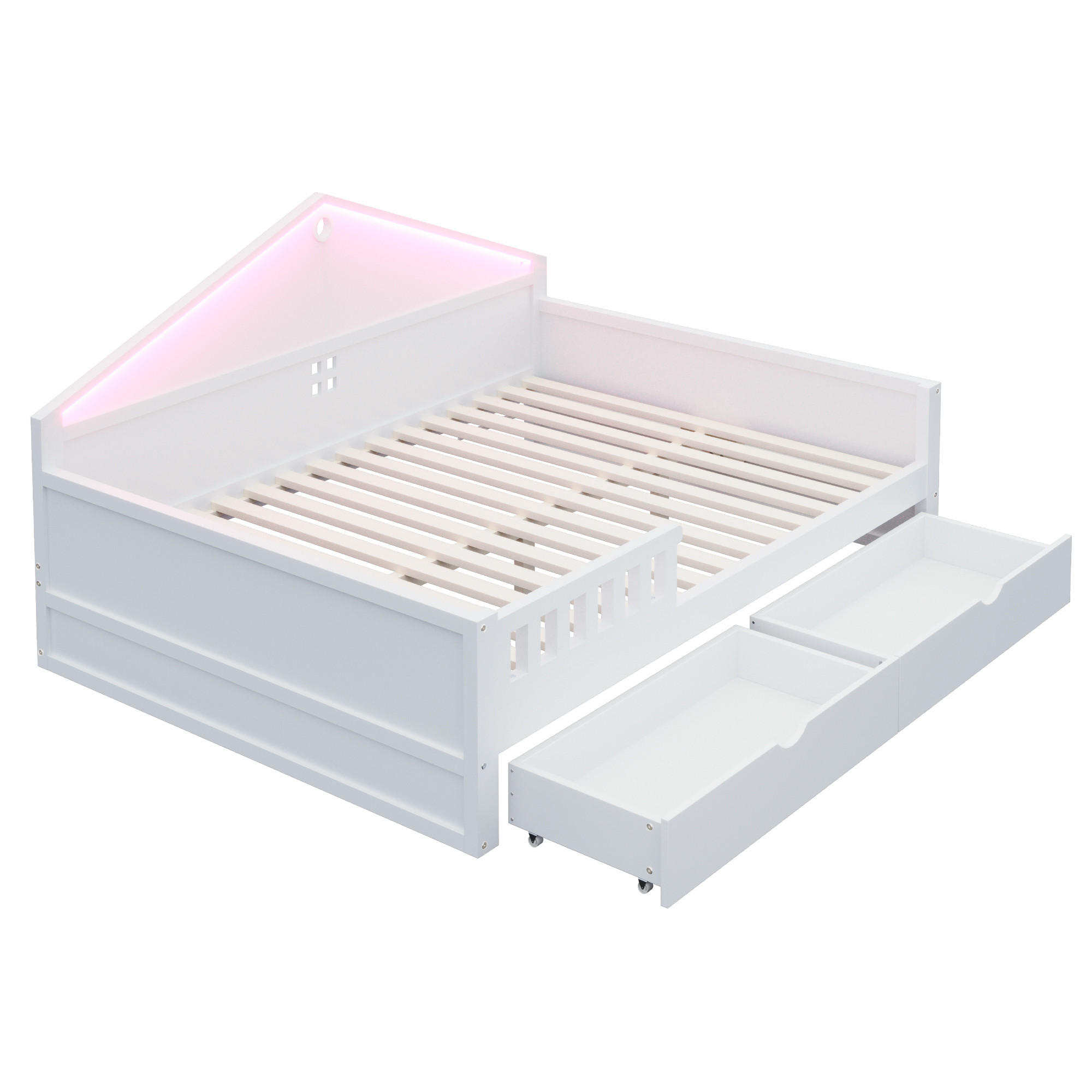 HAUSBETT 140/200 cm DE-32630 mit LED-Lichtleiste und Schubladen Weiß - Weiß, Holzwerkstoff (140/200cm) - ComfortXL
