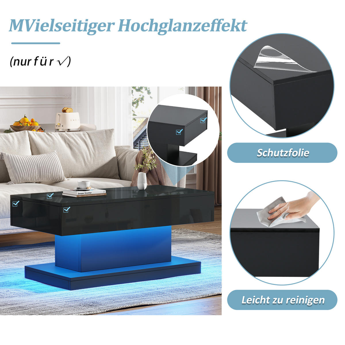 COUCHTISCH 100/50/45 cm Schwarz mit 2 Schubladen und LED-Beleuchtung - Schwarz, Holzwerkstoff (100/50/45cm) - OKWISH