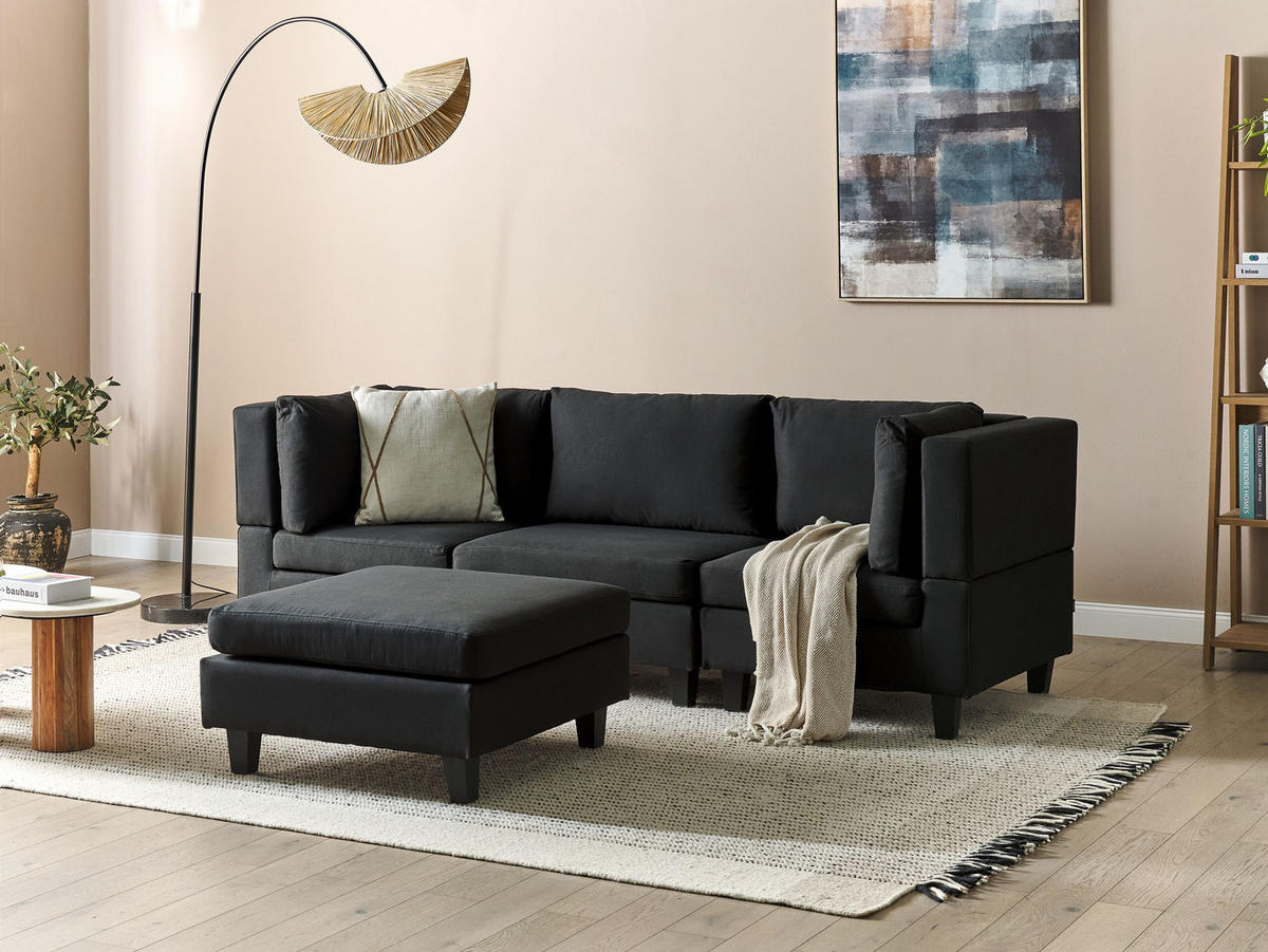 3-SITZER-SOFA Leinenoptik schwarz mit Ottomane Unstad - Schwarz, Textil (228/72/76cm) - Beliani