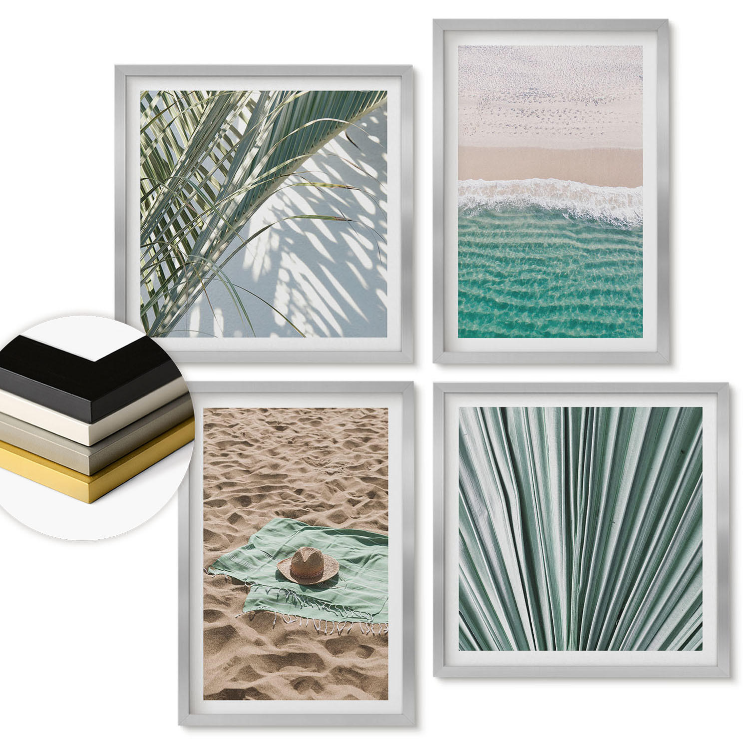 WANDBILDER 4er Set - 50x50 cm & 40x60 cm Silberner Rahmen - Urlaubsblick Strand Meer - Silberfarben, Kunststoff (50/50cm) - ArtPrintCave