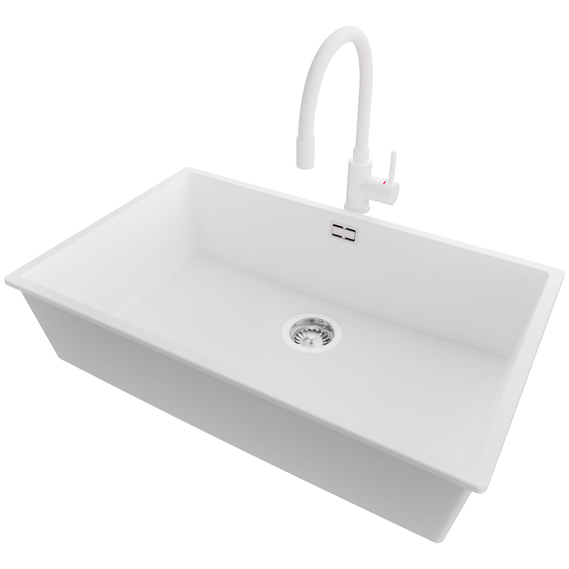 GRANITSPÜLE London, 3-er set Weiß 76/47 cm, 1 Becken + Küchenarmatur 38/14 cm + Ablauf-Set ab 80er Unterschrank - Chromfarben/Weiß, Kunststoff (76/20/47cm) - Primagran
