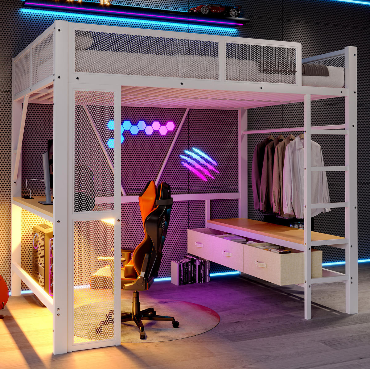 HOCHBETT 140/200 cm mit LED, Schreibtisch und 3 Schubladen, platzsparendes Design, Weiß - Weiß, Holzwerkstoff (140/200cm) - Redom