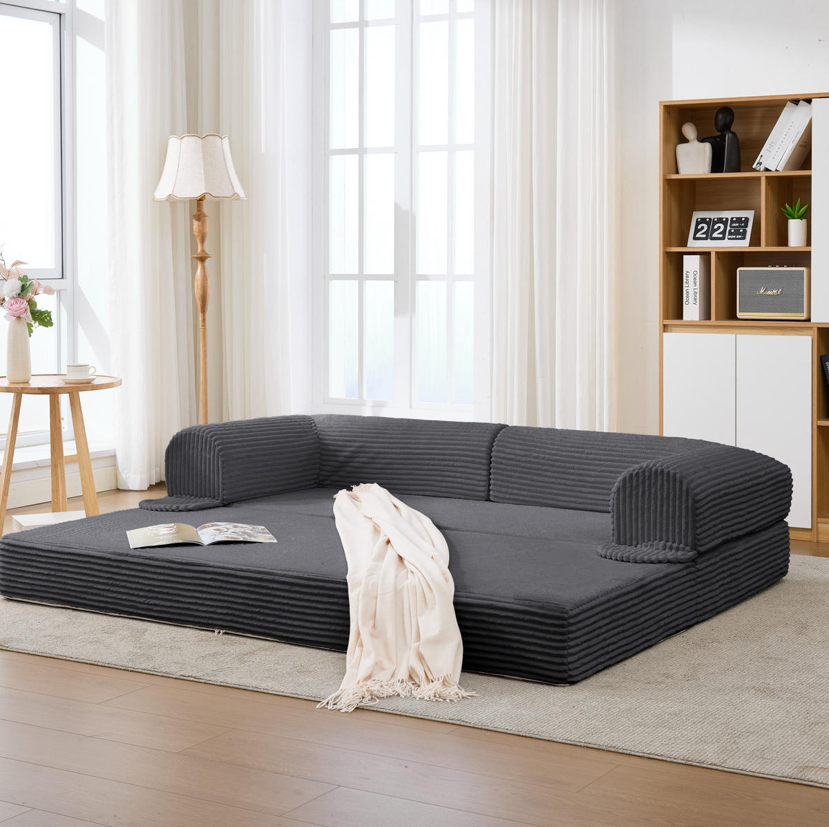 SCHLAFSOFA 2-Sitzer aus Cordstoff Beige mit Bettfunktion - Grau, Kunststoff (78/65/190cm) - Meubliv