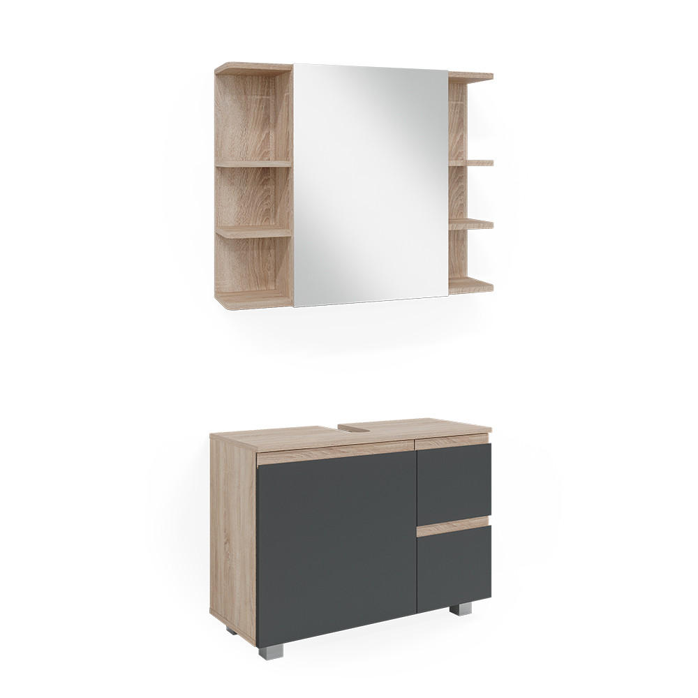BADMÖBEL-SET J-Shape Sonoma 2 Teile - Anthrazit/Sonoma Eiche, Holzwerkstoff (80/60/33cm) - Vicco