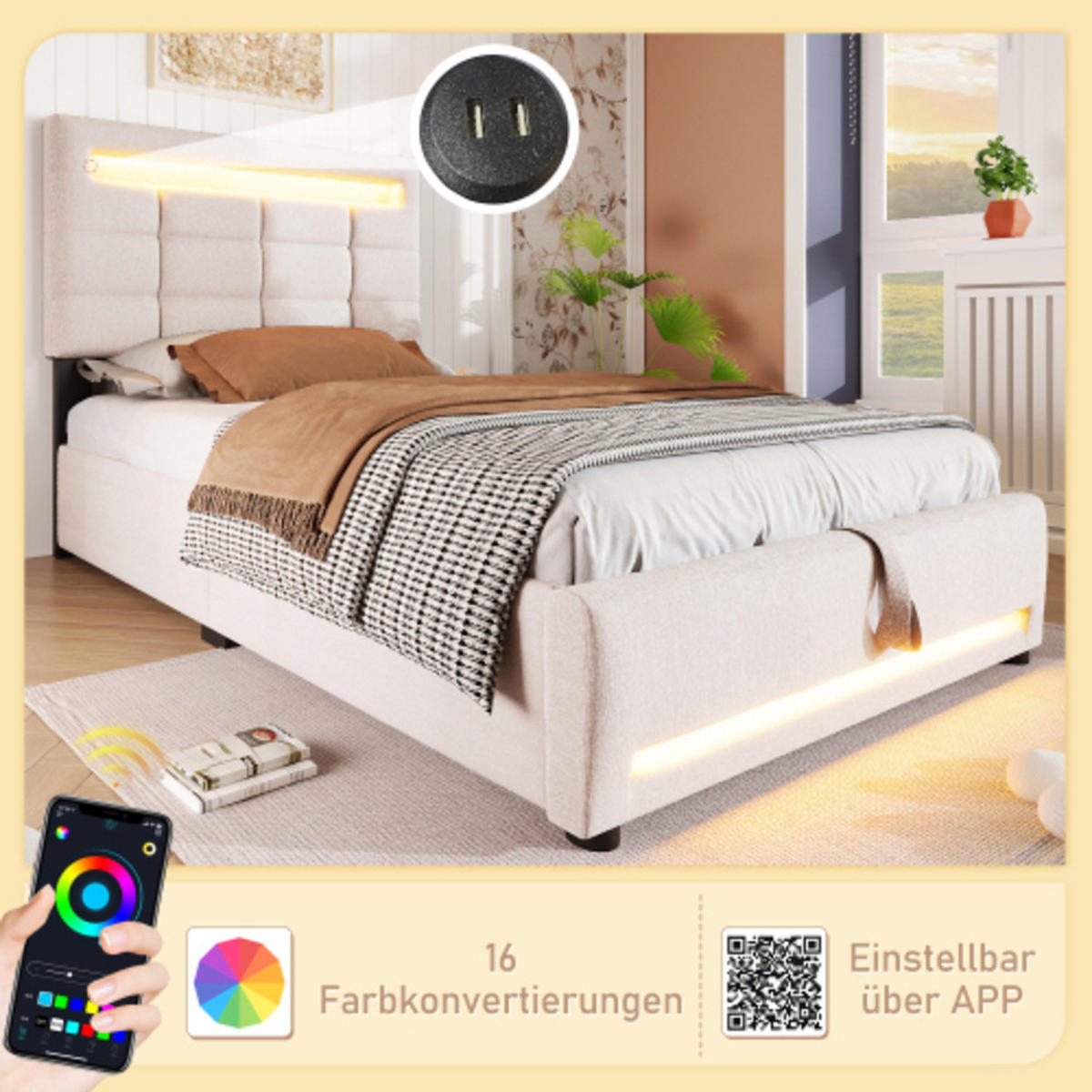 POLSTERBETT 90 × 200 cm mit Leinenbezug, hydraulischem Stauraum, 16-Farben-LED-Leiste und USB-Anschluss, beige - Beige, Textil (90/200cm) - Luhomfu