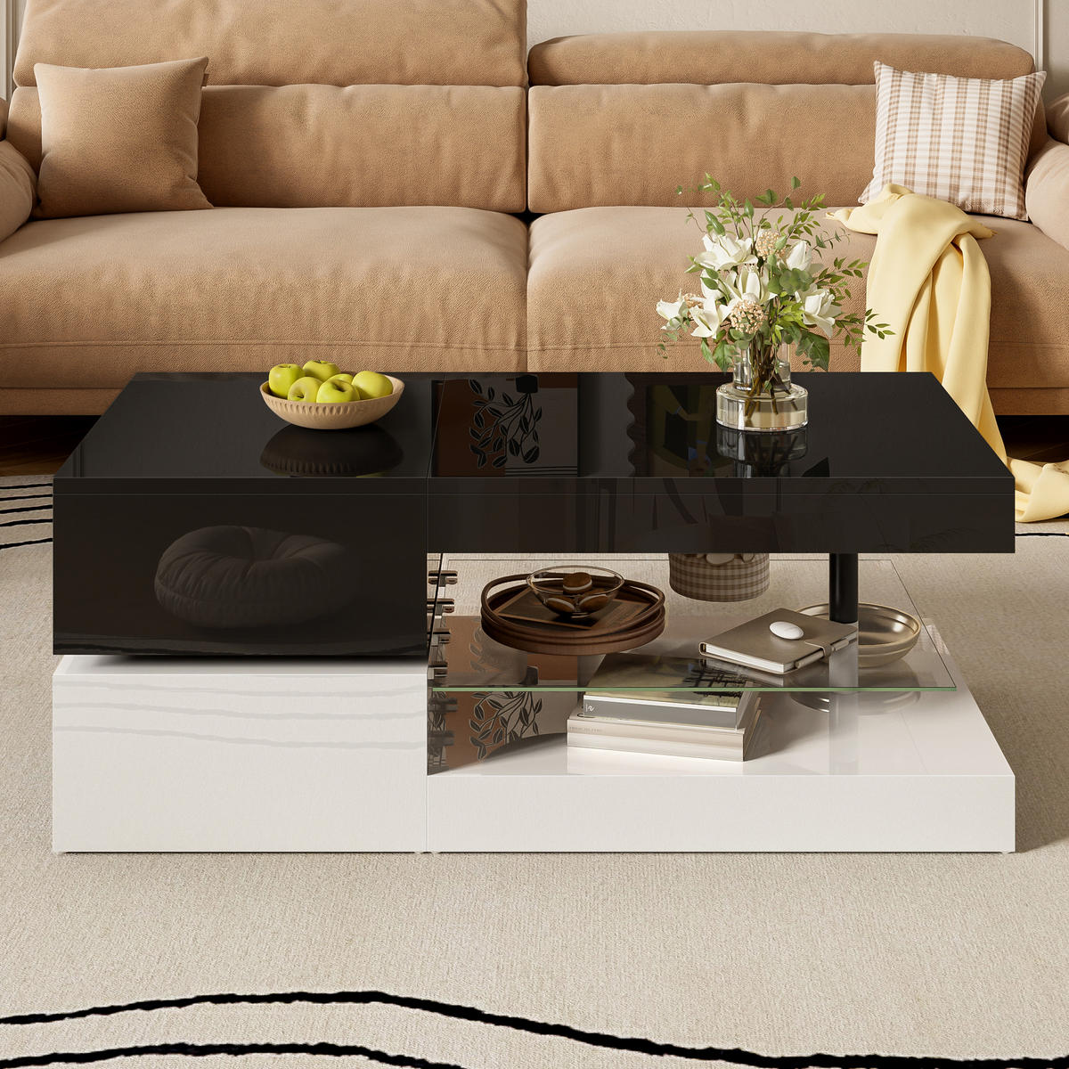 COUCHTISCH 90/45/35,5 cm Schwarz-Weiß mit LED-Beleuchtung und Bluetooth-Steuerung - Schwarz, Holzwerkstoff (90/45/35.5cm) - OKWISH