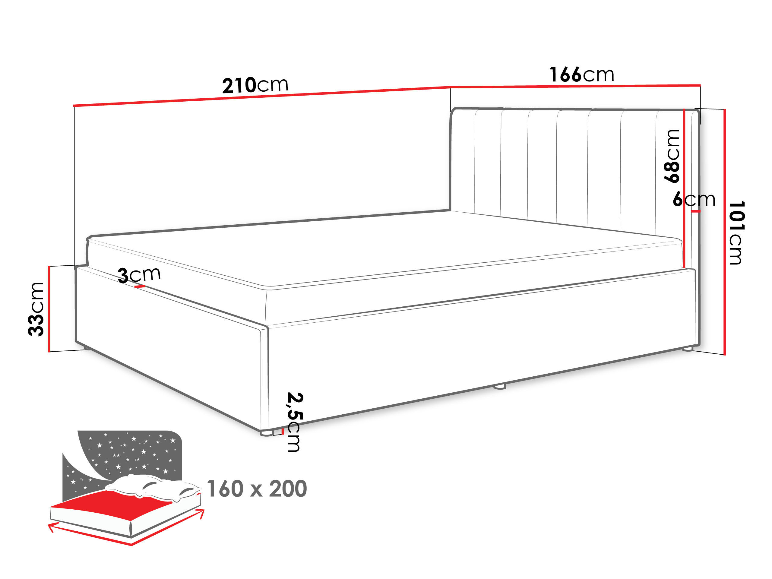 POLSTERBETT Mossa MO12 - Kaschmir/Schwarz, Holzwerkstoff/Kunststoff (160/200cm) - MIRJAN24