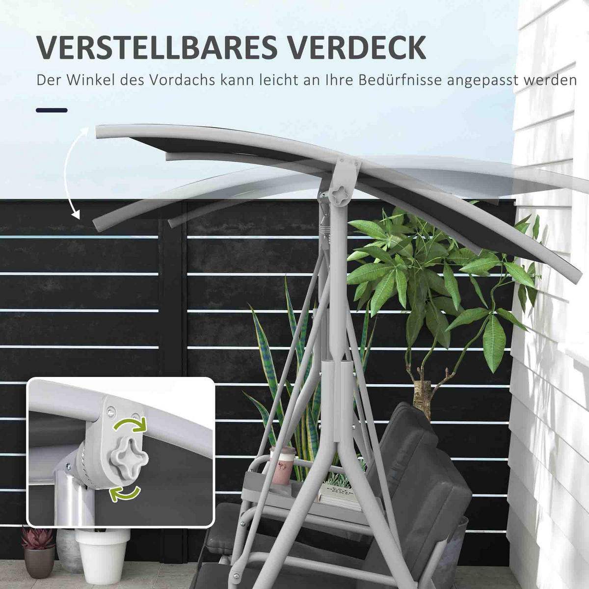 HOLLYWOODSCHAUKEL 2-Sitzer Schaukelbank mit Baldachin, Tasche, Tablett, Schwarz - Schwarz, Metall (110/165/175cm) - Outsunny