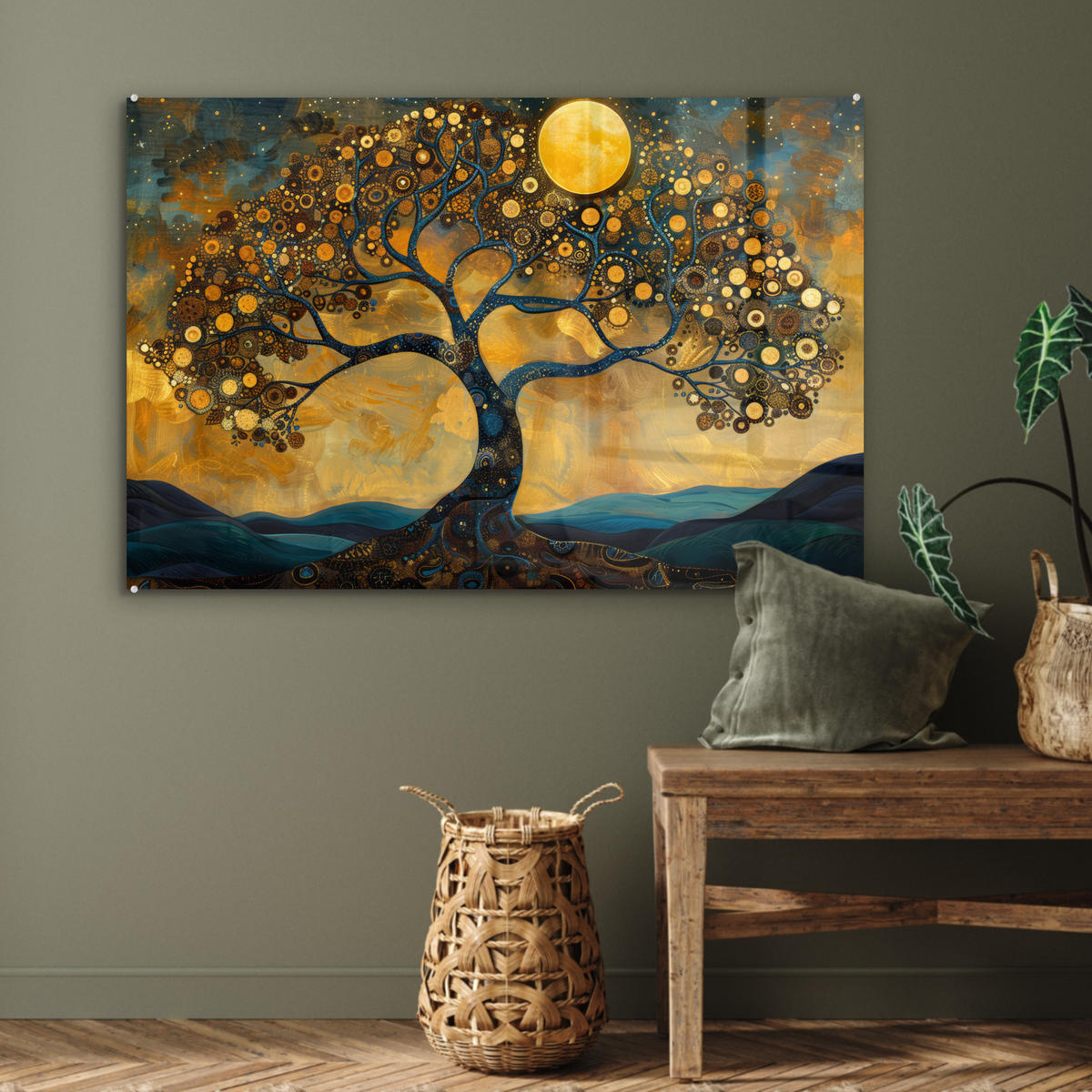 ACRYLGLASBILD Baum - Mond - Blumen - Gold - Kunst 90x60 cm - Orange, Glas (90/60cm) - MuchoWow