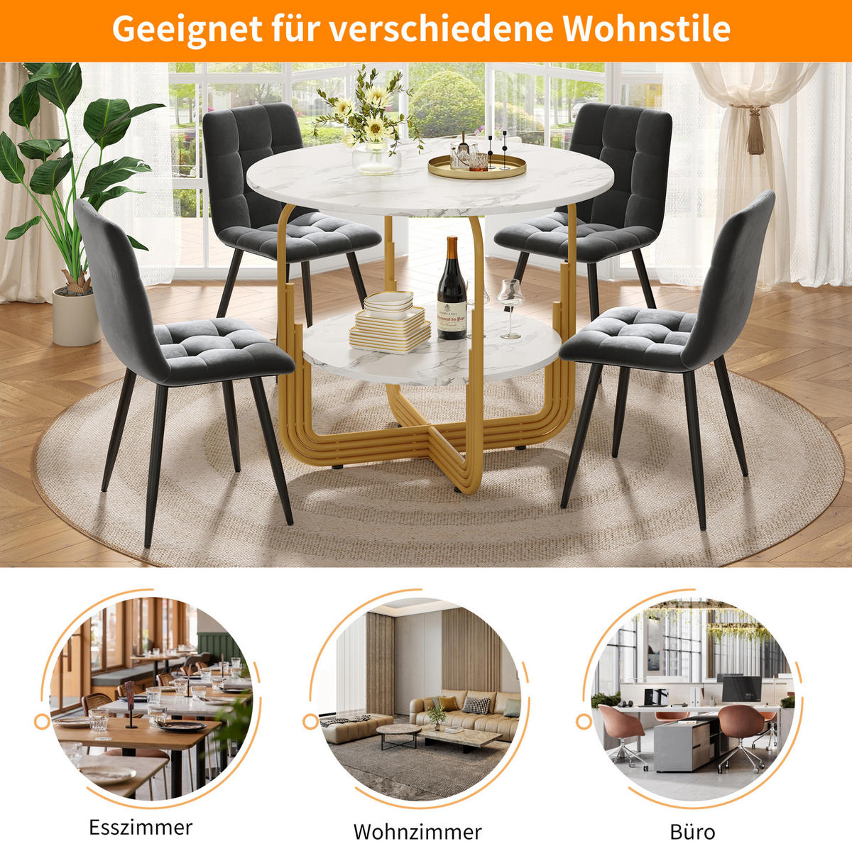 ESSTISCH 80/80/76 cm in Gold mit MDF-Marmoroptik und Ablage - Goldfarben, Holzwerkstoff (80/80/76cm) - Flora Grace