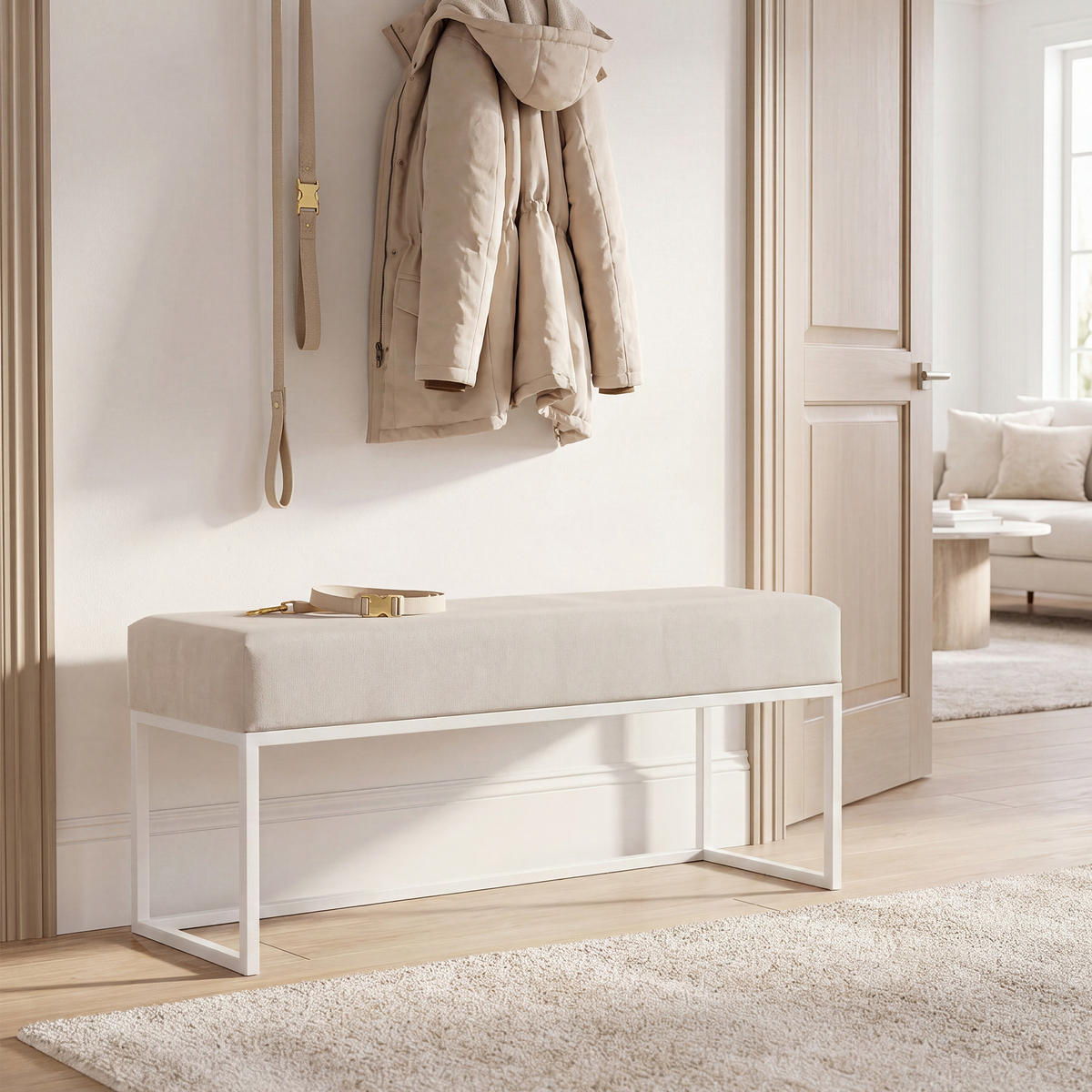 POLSTERBANK PURE 90 cm Metallgestell, Weiß / Beige - Beige/Weiß, Textil/Metall (90/44/30cm) - Idohome