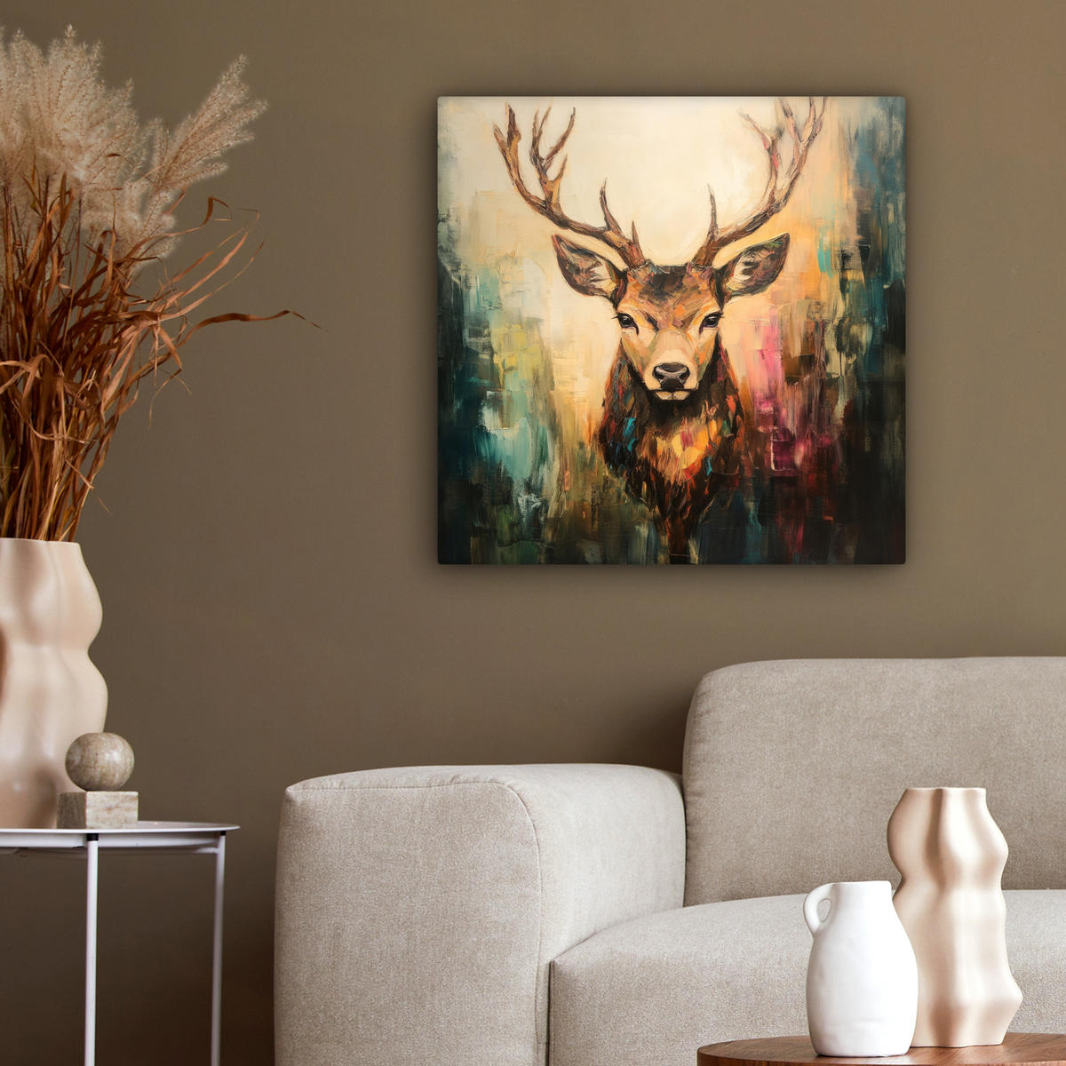 LEINWANDBILD Hirsch - Gemalt - Geweih - Braun 50x50 cm - Haselnussfarben, Textil (50/50cm) - MuchoWow