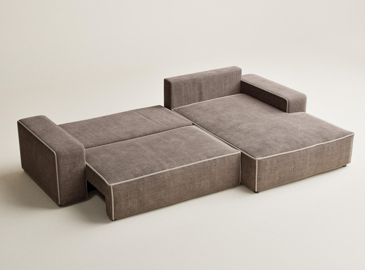 ECKSOFA MIT SCHLAFFUNKTION Modo Beige Chenille-Stoff - Rechts Seite - Beige/Schwarz, Holz/Holzwerkstoff (294/185cm) - Maison de Reve