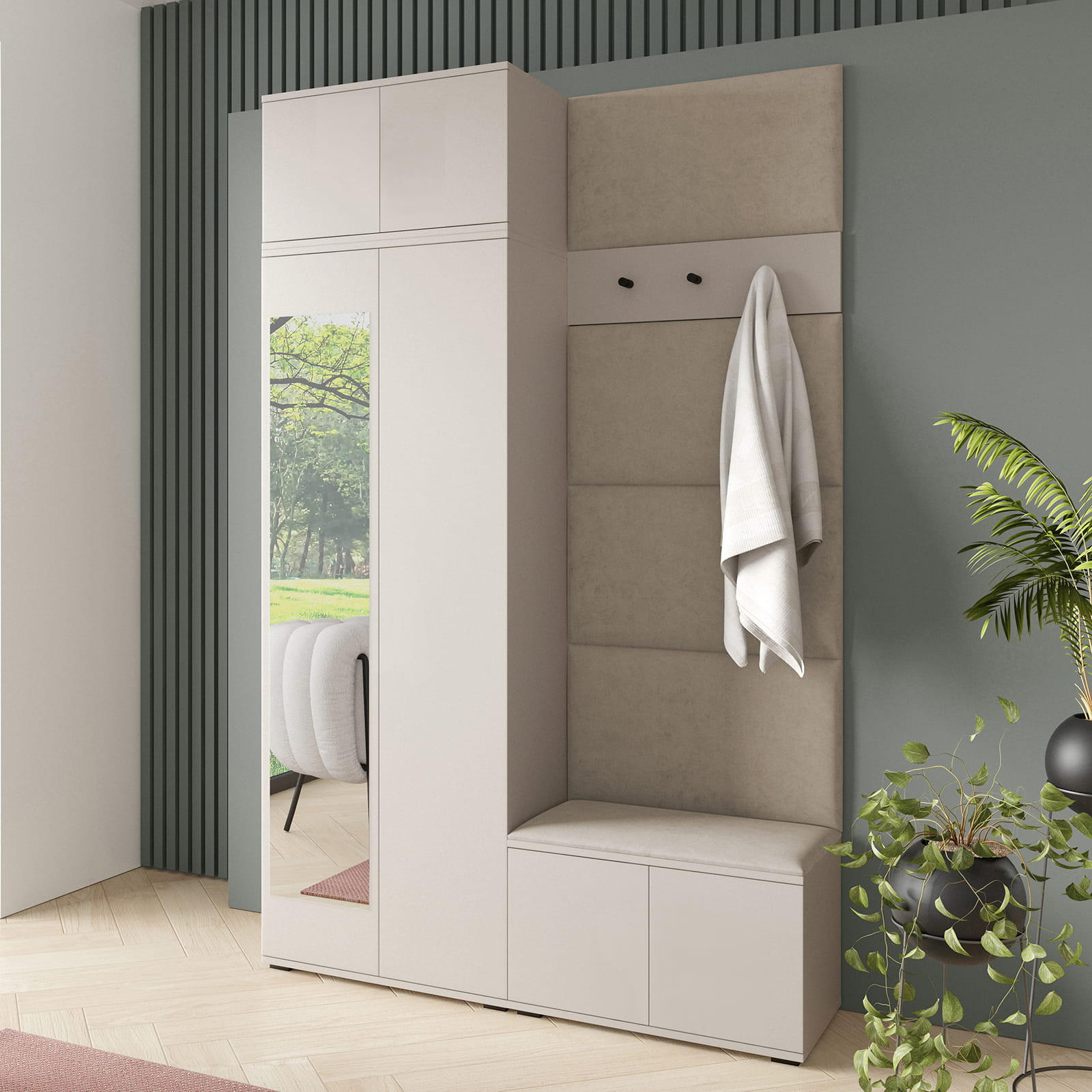 GARDEROBE NAPOLI 4 mit POLSTERPANEELEN BEIGE - Beige, Holzwerkstoff (140/229/40cm) - Jerpax