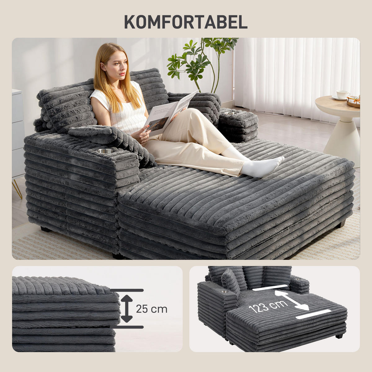SCHLAFSOFA mit Getränkehalter 134/151/89 cm Grau - Schwarz/Grau, Kunststoff/Textil (134/89/151cm) - HOMCOM