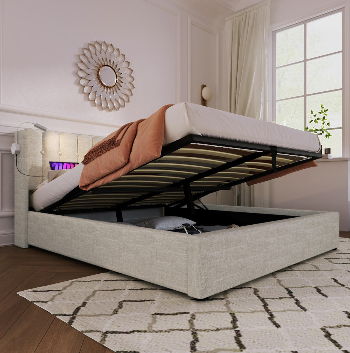 POLSTERBETT 160/200 cm Beige aus Leinen mit Bettkasten und Leselicht - Beige, Textil (160/200cm) - OKMYHOME