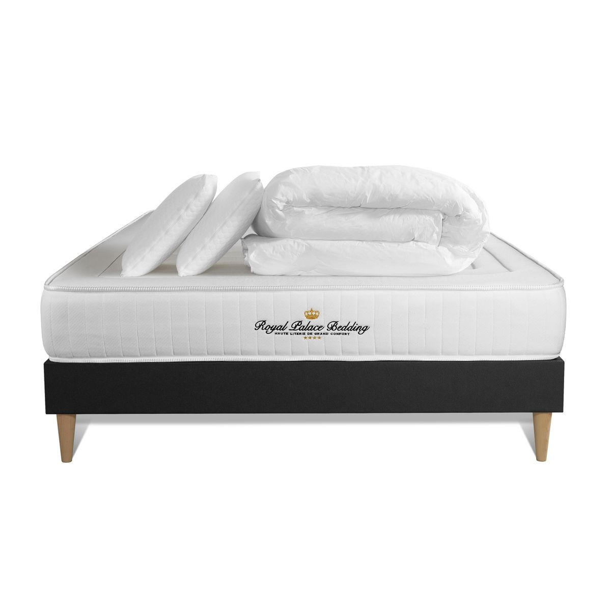 BETT Nottingham Memory-Schaum 140 x 190 cm h3 - Kit Bettgestell Schwarz - Mit Kissen und Bettdecke - Beige/Schwarz, Karton/Holz (140/190cm) - ROYAL PALACE BEDDING
