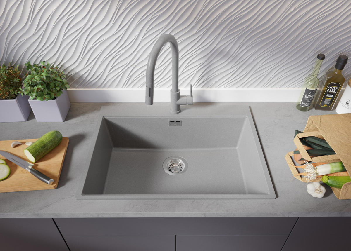 GRANITSPÜLE Oslo, 2-er set Grau 68/50 cm 1 Becken + Küchenarmatur 32/20 cm + Ablauf-Set + Schneidebrett ab 70er Unterschrank - Chromfarben/Beige, Kunststoff (68/20/50cm) - Primagran