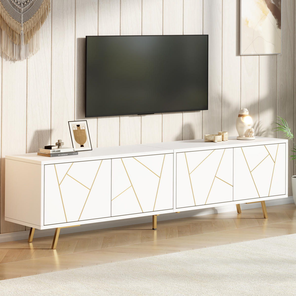 TV STOLEK bílý se 4 dvířky a 5 kovovými nohami, do obývacího pokoje, pro TV do 85", 190 × 40 × 51,5 cm - bílá/zlatá, kov/kompozitní dřevo (190/51.5/40cm) - STILVORA