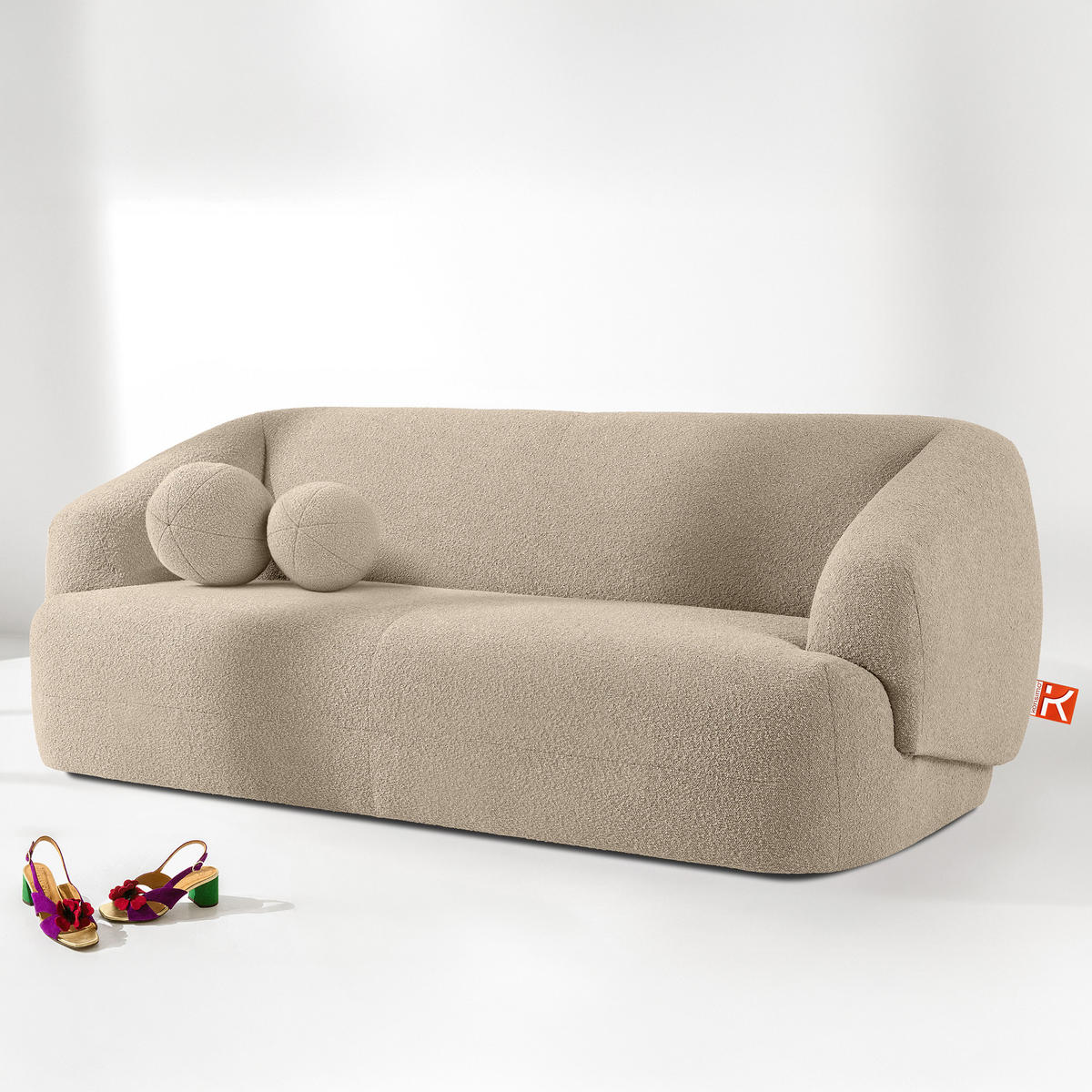 EINZELSOFA VIRA, Hellbeige, Bouclé - Hellbraun/Schwarz, Holz/Holzwerkstoff (210/84/100cm) - KONSIMO®