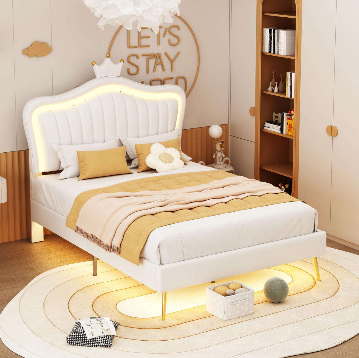 KINDERBETT 90/200 cm in Weiß mit LED und Muschel-Kopfteil aus Kunstleder - Weiß, Textil (90/200cm) - BEAOK