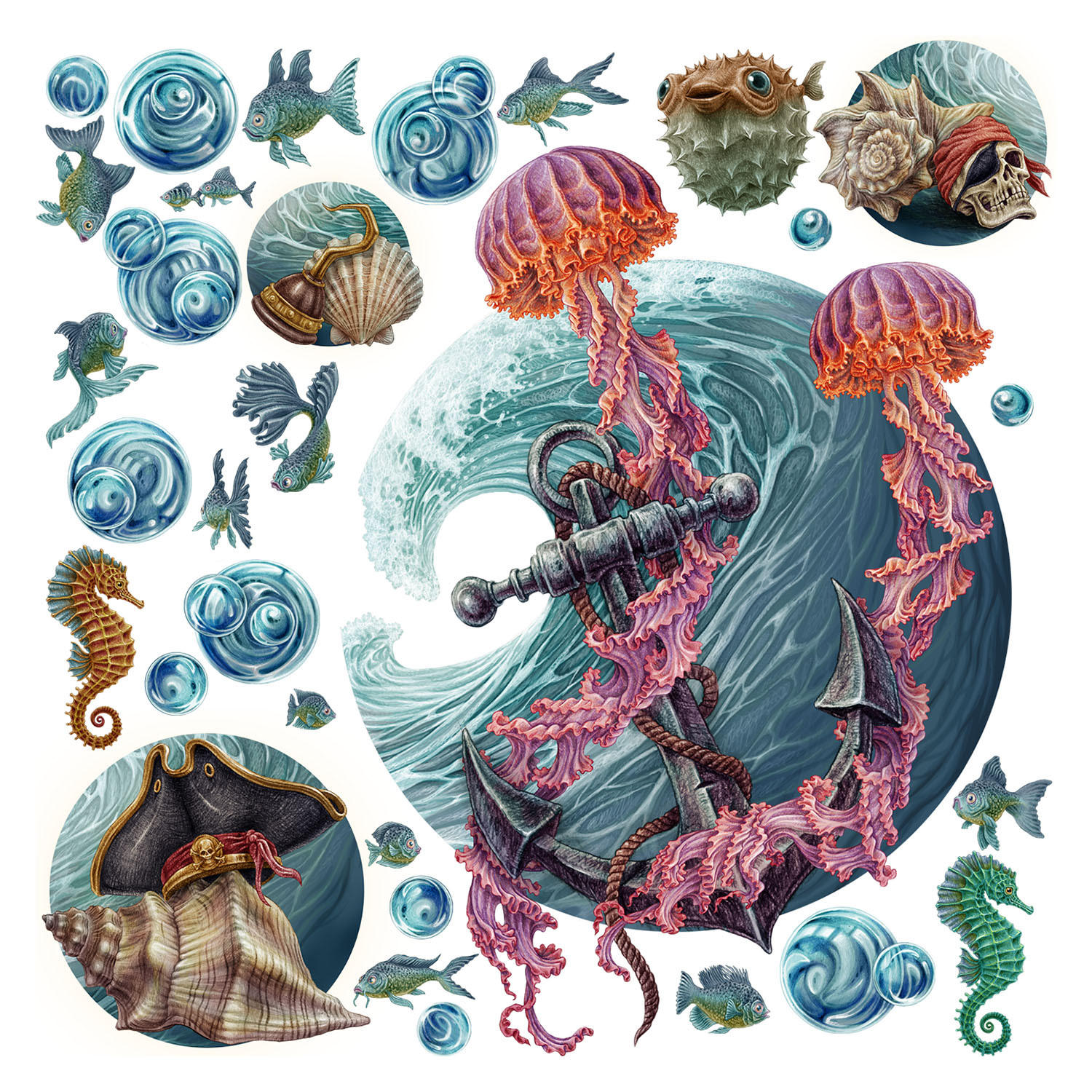 WANDAUFKLEBER 130x139cm - Die Unterwasserwelt der Quallen - Multicolor, Kunststoff (130/139/0.1cm) - Wallfluent