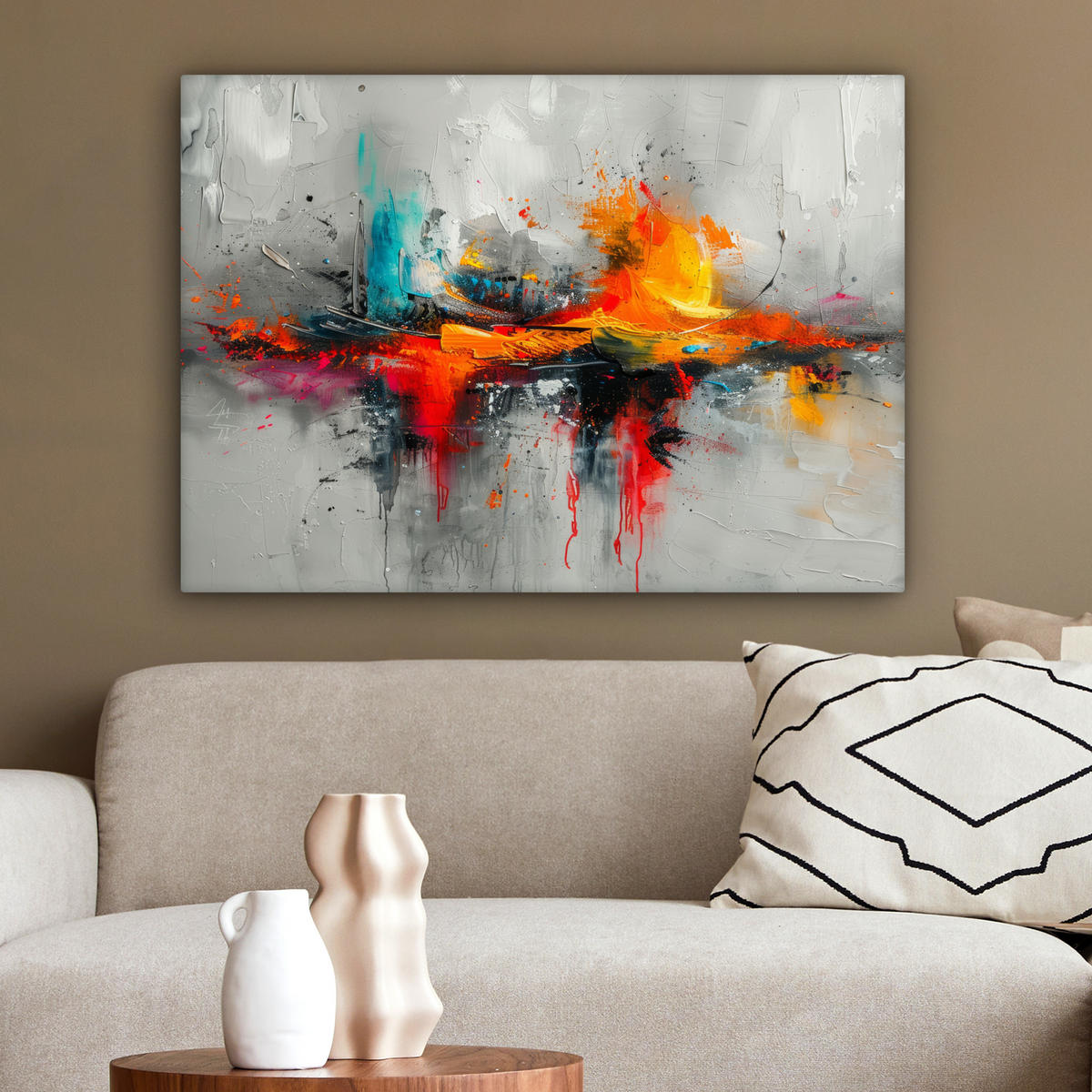LEINWANDBILD Moderne Kunst - Orange - Grau - Abstrakt Wandbilder 80x60 cm - Hellgrau, Textil (80/60cm) - MuchoWow