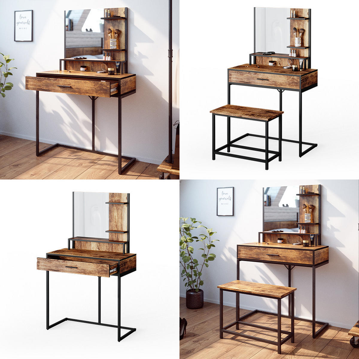 SCHMINKTISCH Fyrk Antikholz 80 cm - Alteiche/Schwarz, Holzwerkstoff (80/135.5/40cm) - Vicco